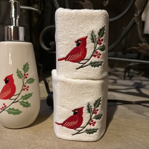 NWT Avanti Red Cardinal Soap Lotion Dispenser and Matching Fingertip Towels Set - Picture 4 of 6